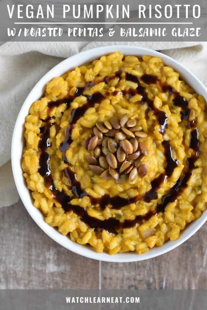 pin showing risotto in a white bowl garnished with pepitas and balsamic glaze