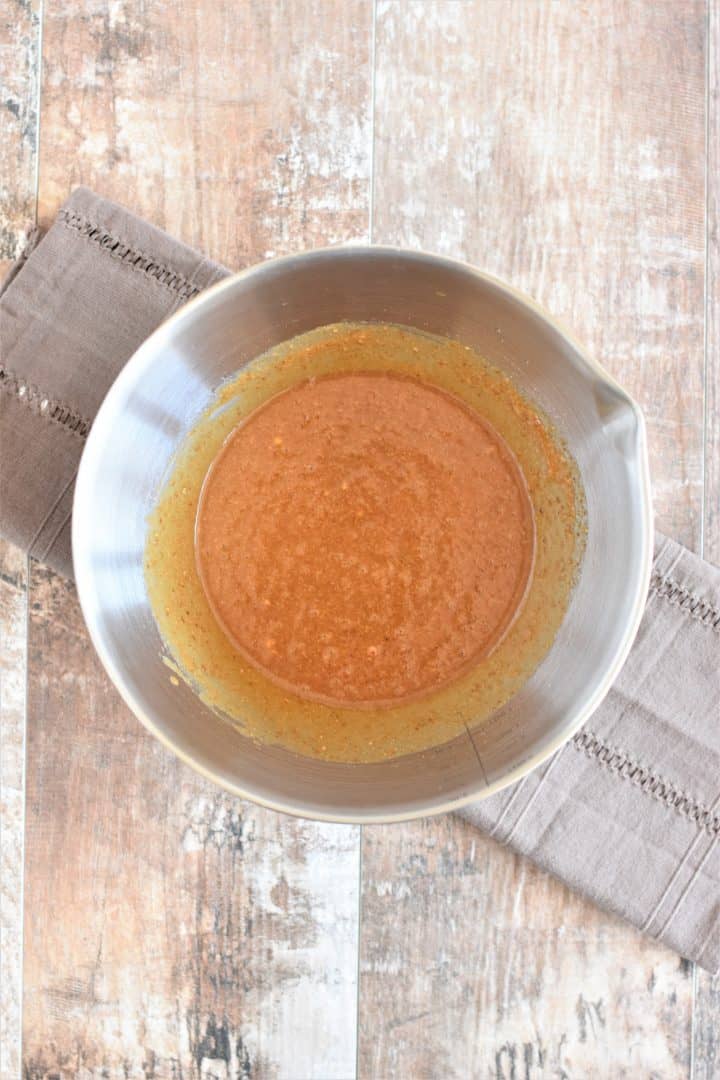 wet ingredients in a mixing bowl after mixing