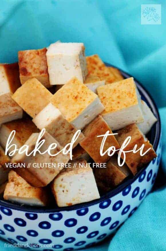 Baked tofu pieces in a bowl