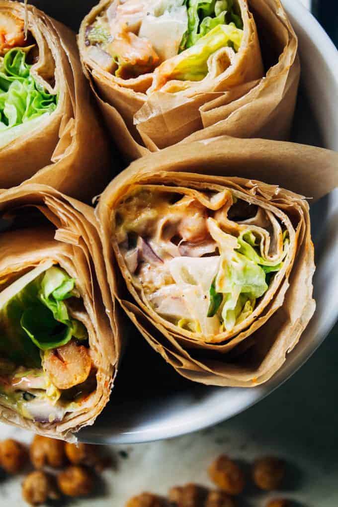 Buffalo chickpea wraps in a bowl