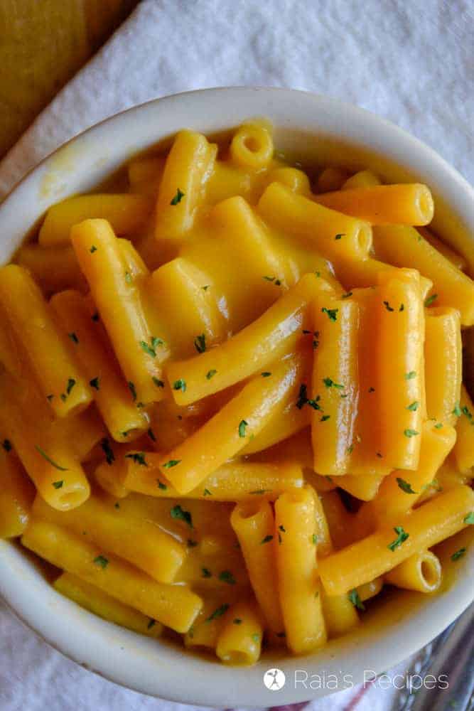 butternut squash mac and cheese in a white bowl