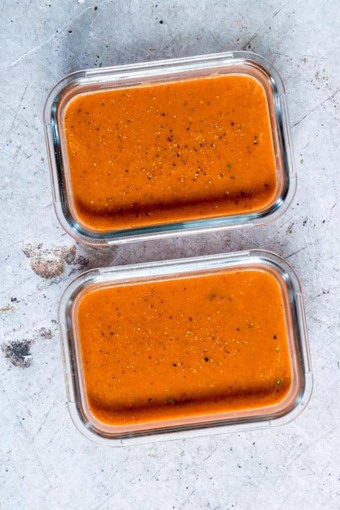 Tomato soup in glass containers