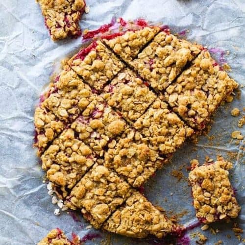 overhead of raspberry rhubarb crumble bars