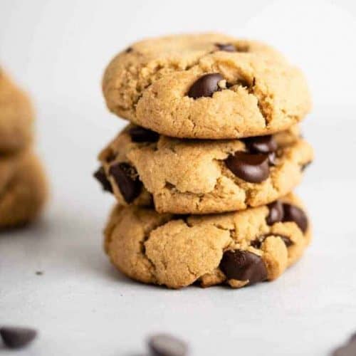 front view of stack of three chocolate chip cookies