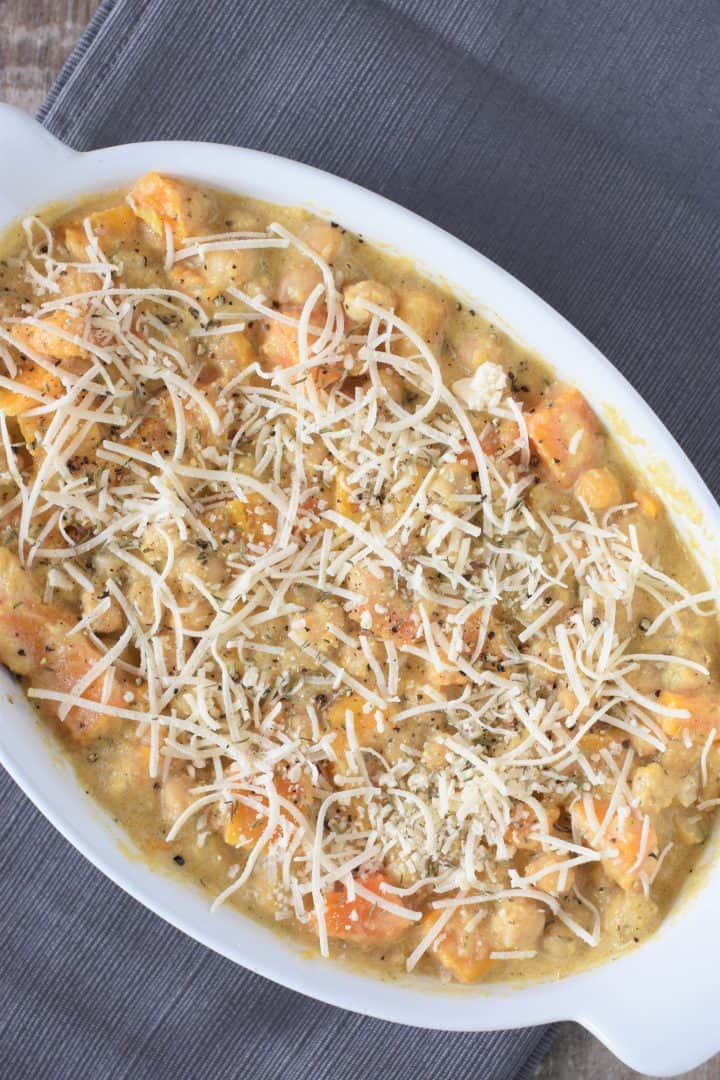 Vegan Parmesan Cheese added to top of casserole