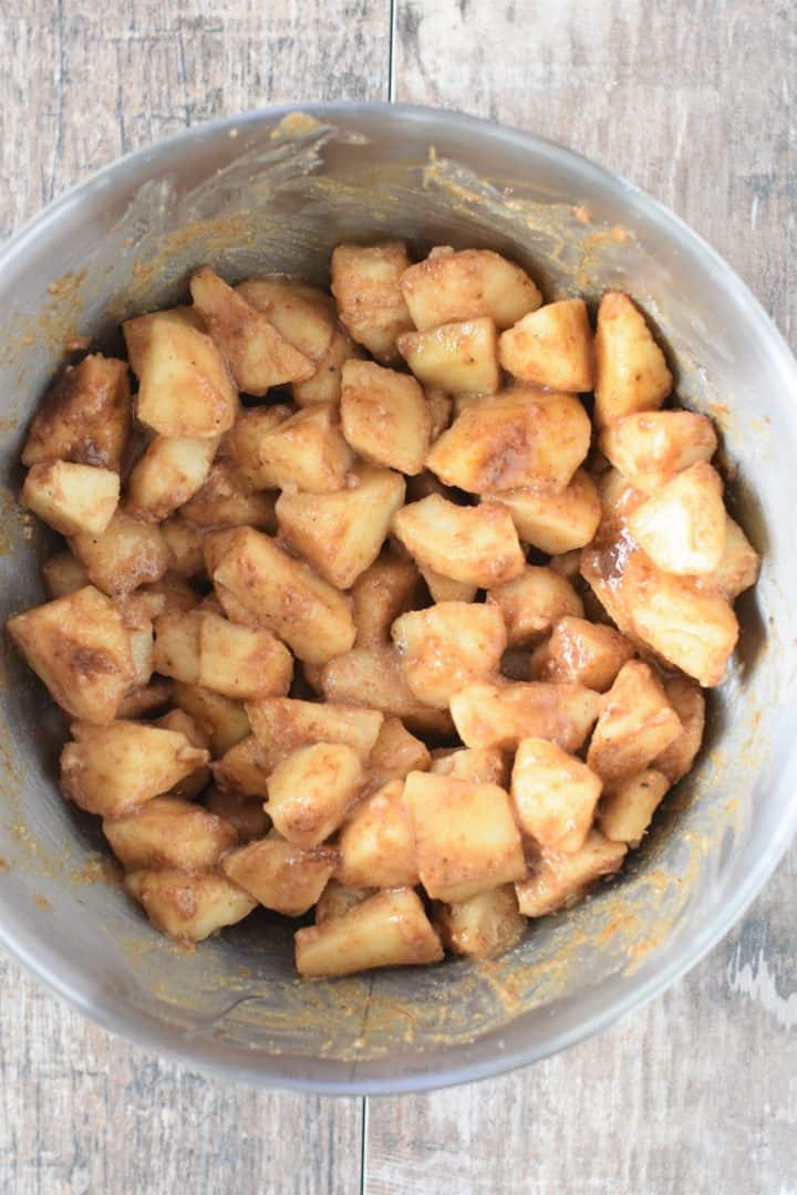 The rest of the filling ingredients mixed into the pear chunks in a mixing bowl