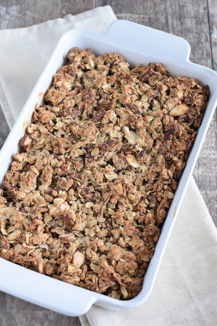 Baked pear crisp in baking dish