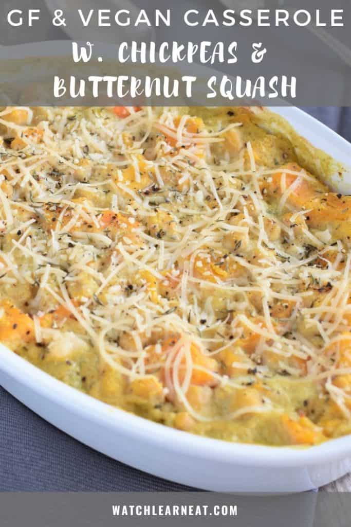 pin showing cooked chickpea and butternut squash casserole