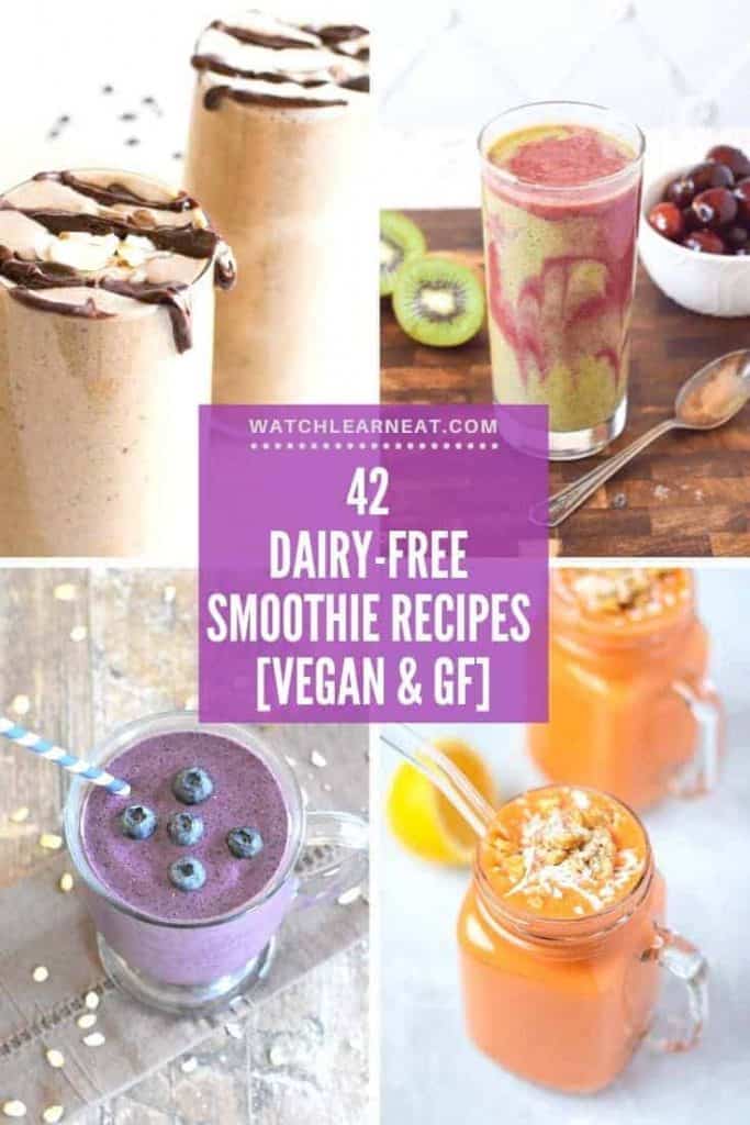 pin showing collage of 4 of the dairy-free smoothie recipes.