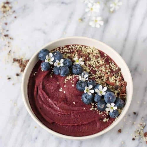 overhead of triple berry acai bowl.