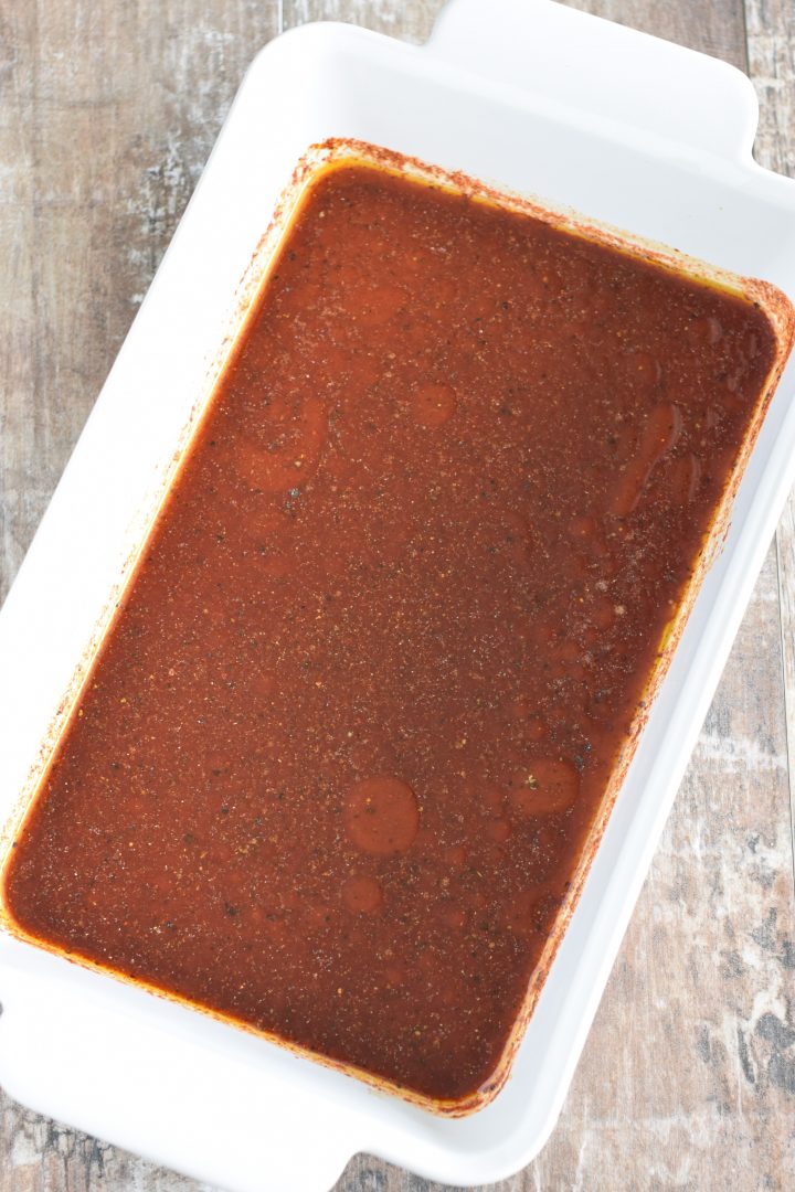 marinade in white baking dish