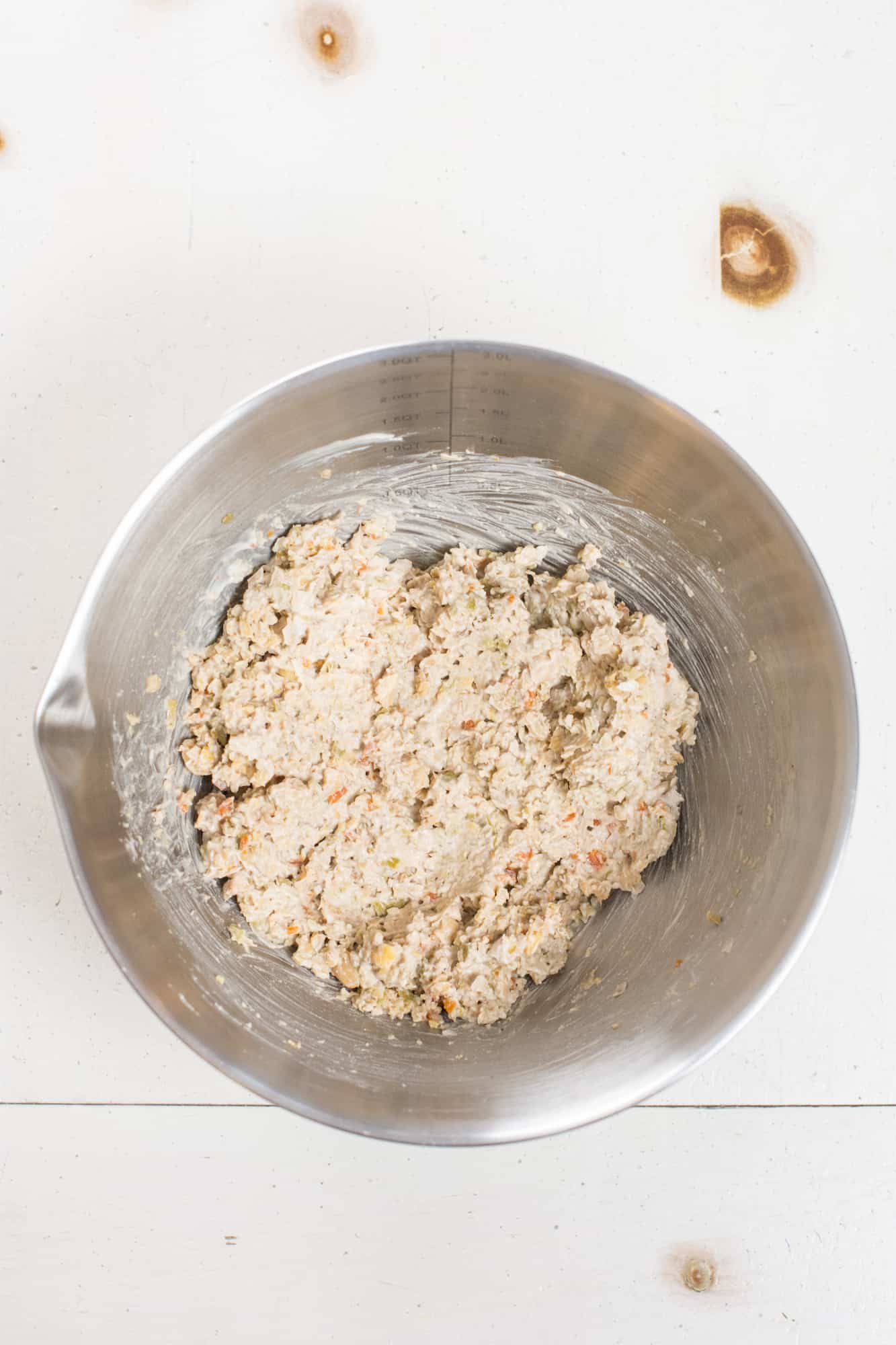 chickpea mixture combined with mayo in mixing bowl