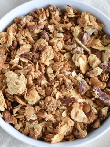 overhead of gluten-free granola in a white bowl