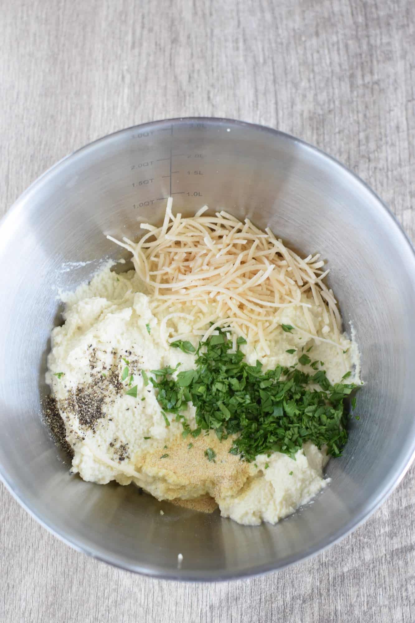 ricotta ingredients in mixing bowl.
