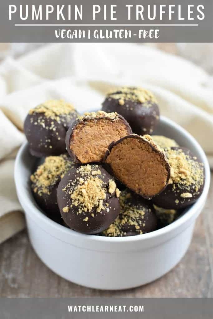 Pin showing open truffle on top of other ones in a white bowl