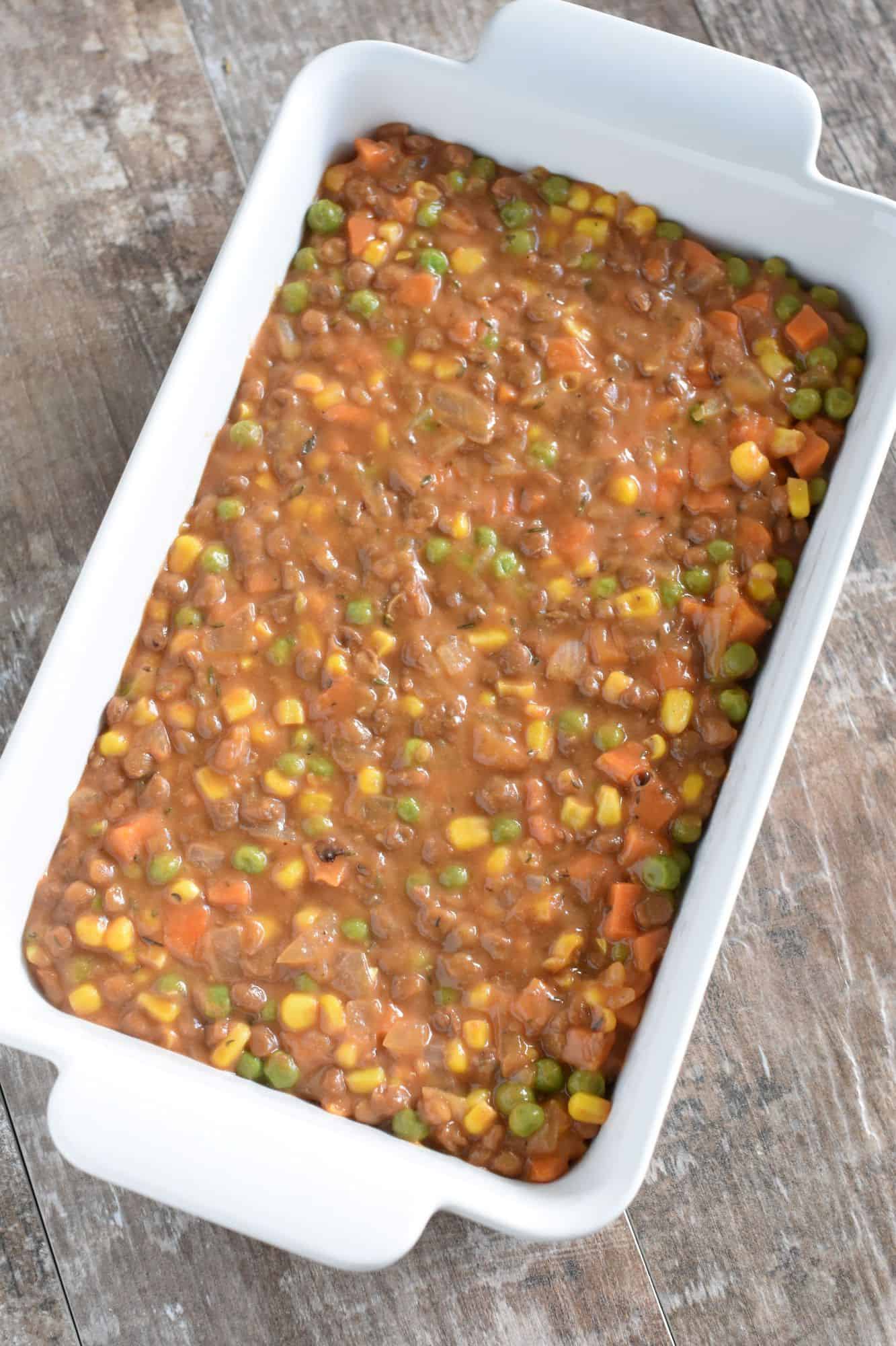 filling mixture in casserole dish