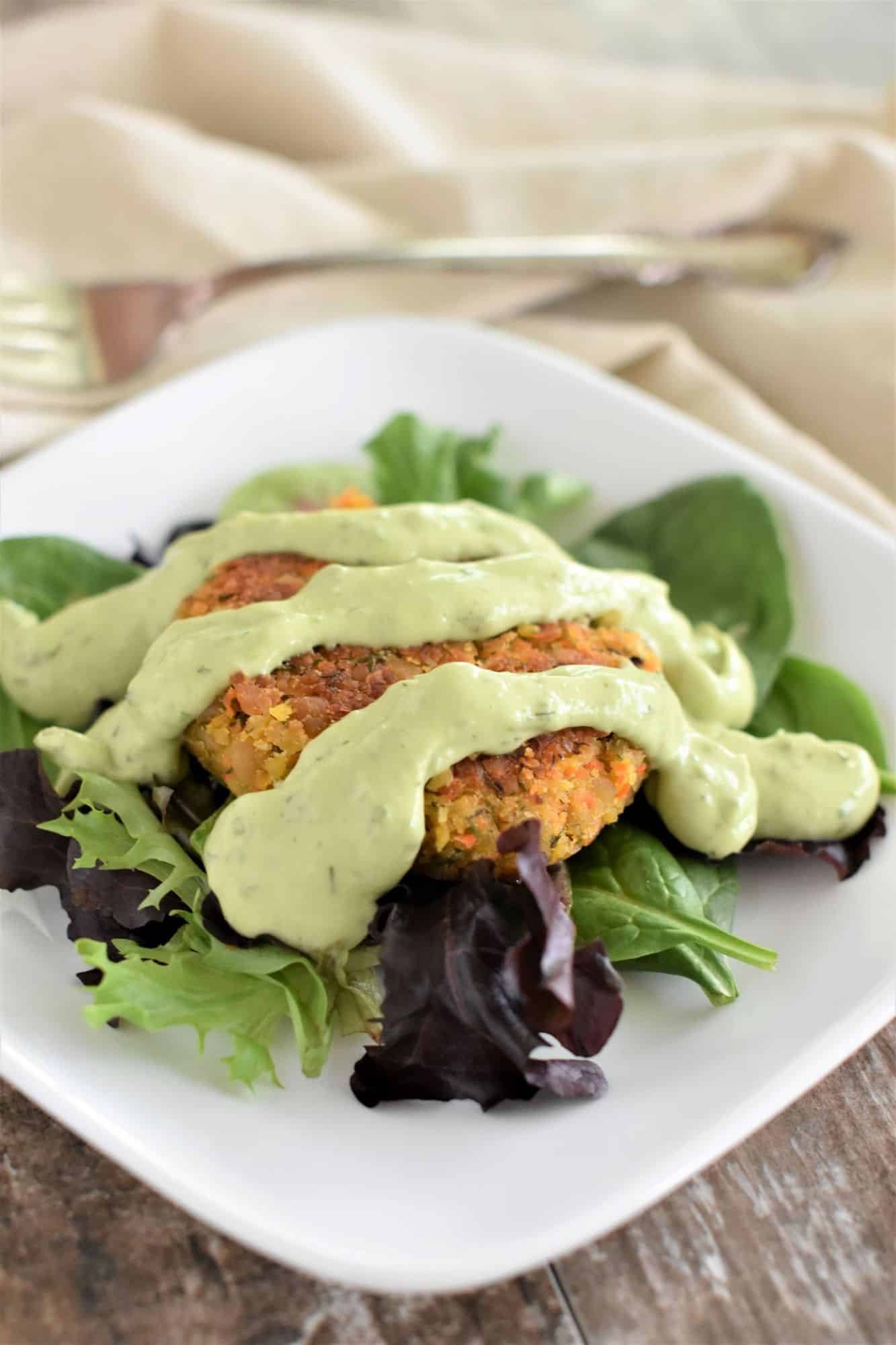 dressing on chickpea veggie burger