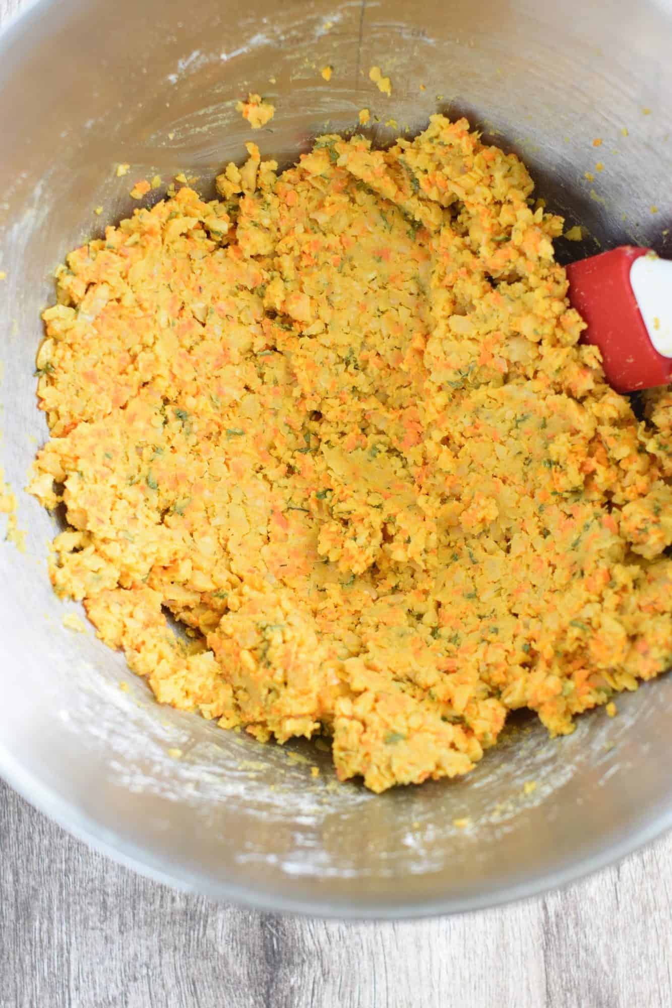 chickpea mixture combined with remaining ingredients in mixing bowl