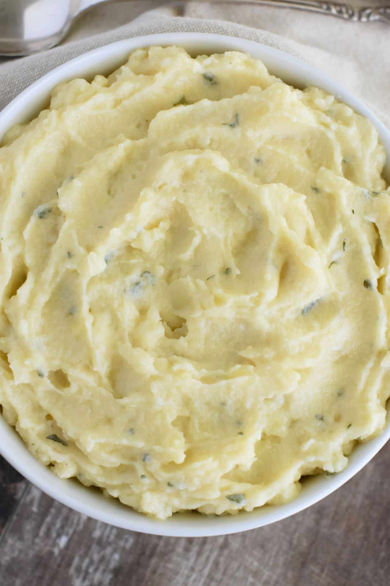 close-up overhead of bowl of mashed potatoes