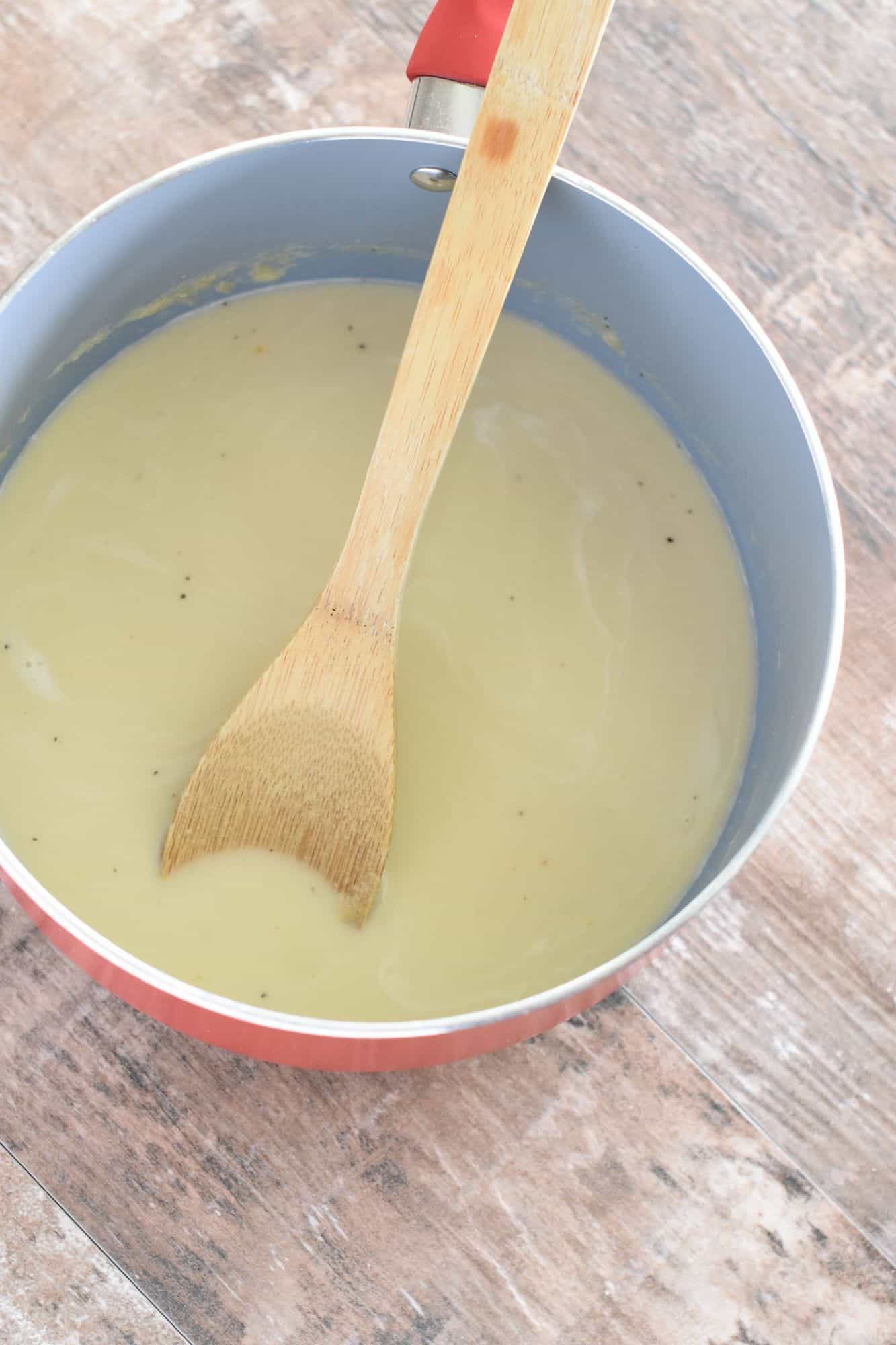 chickpea flour, nutritional yeast, pepper, broth and milk stirred into saucepan