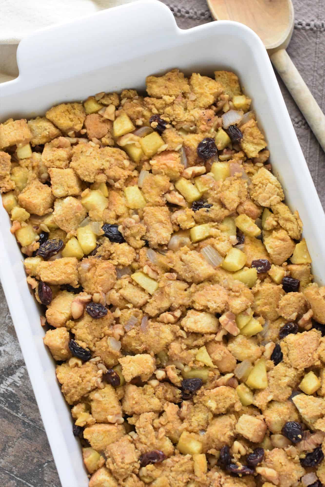 overhead of cooked stuffing in casserole dish