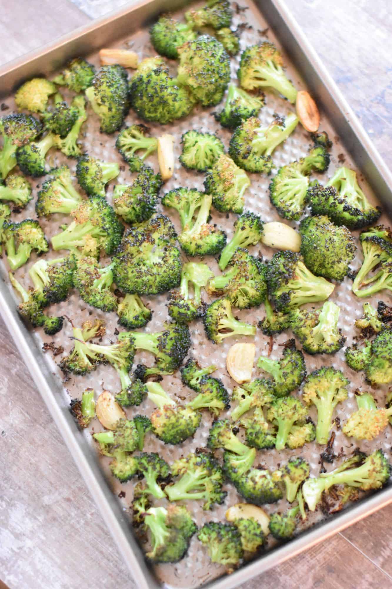 broccoli and garlic on baking sheet after cooking