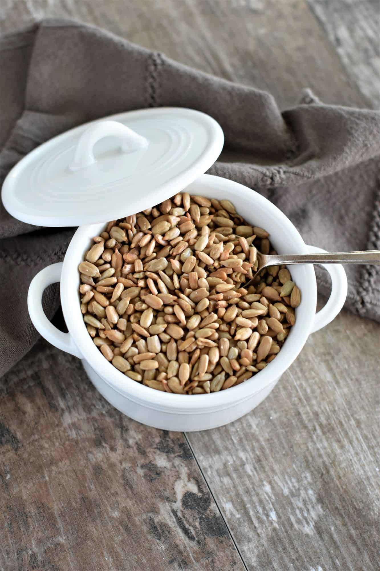 spoon in bowl of seeds with lid leaning up on it