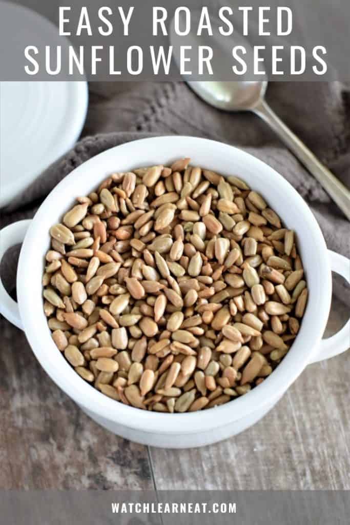 pin showing overhead of seeds in a white bowl