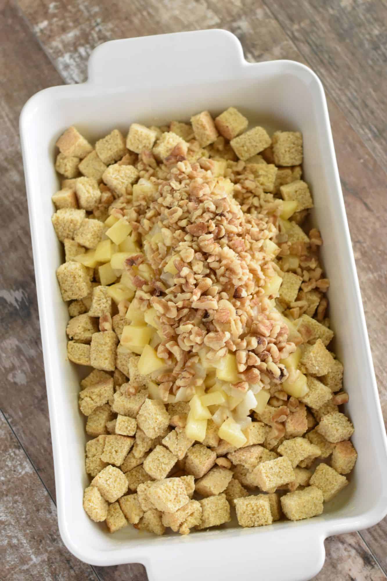 walnuts added to casserole dish