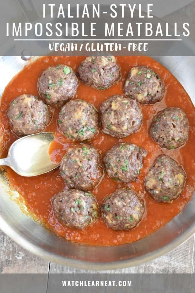 pin showing skillet of meatballs in sauce with spoon getting some sauce