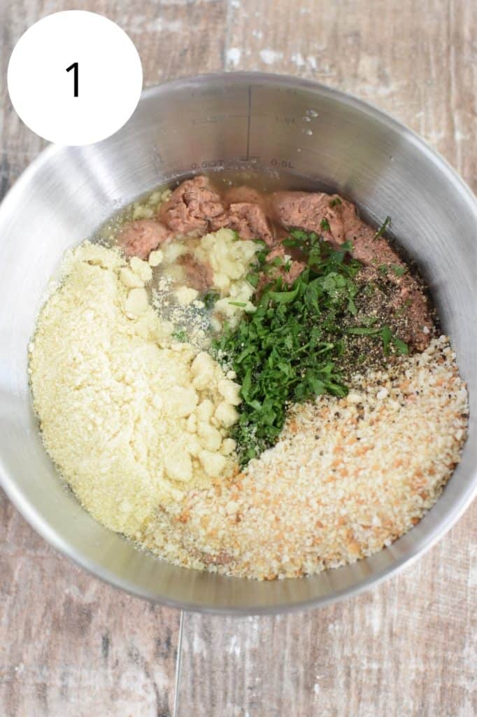 ingredients for vegan meatballs in mixing bowl before being mixed