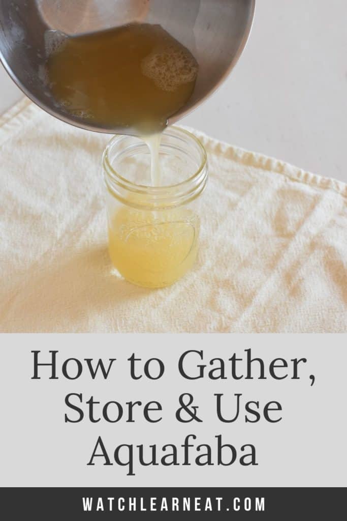 pin showing pouring aquafaba into mason jar from mixing bowl