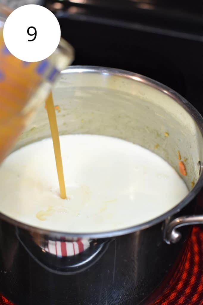 adding plant-based milk and vegetable broth to the soup pot