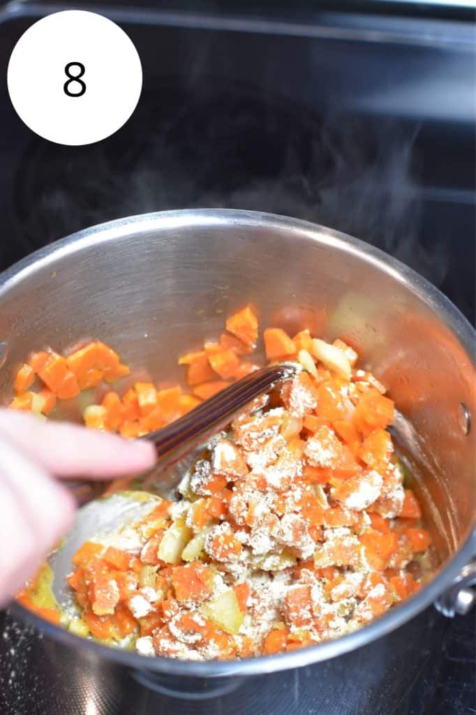 chickpea flour added to the onion and carrot mixture