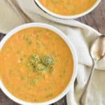 close-up overhead of soup in white bowl with another one partially showing behind it