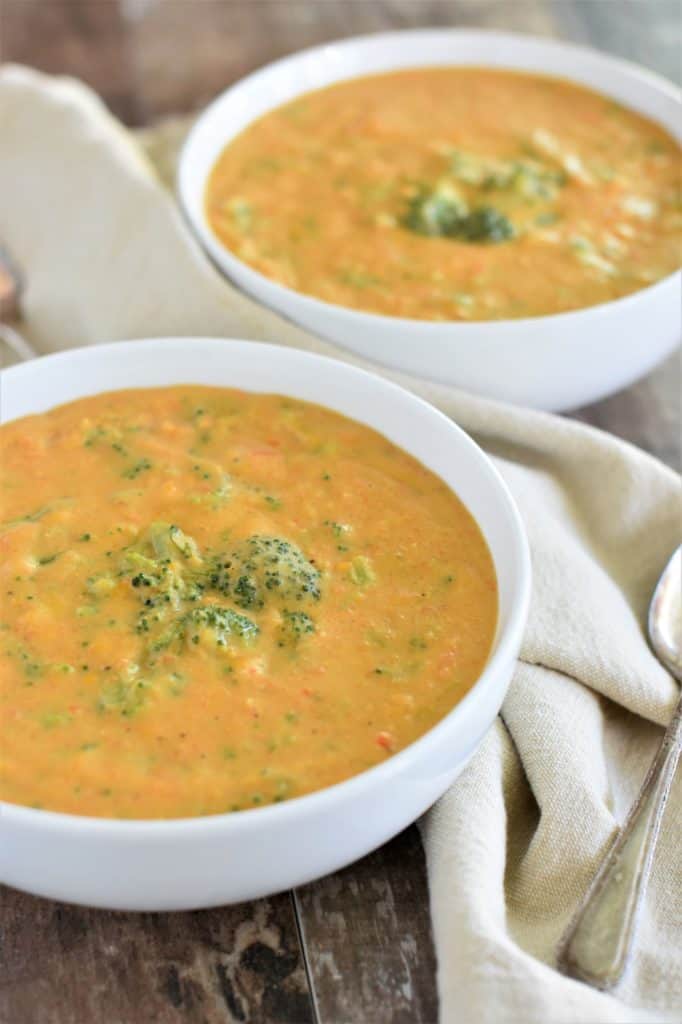 front view of soup in two white bowls