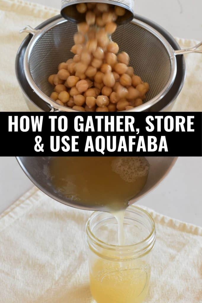 top photo showing chickpeas going from can to mesh strainer and bottom photo showing aquafaba pouring into mason jar