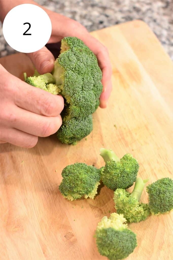 pulling florets off broccoli stalk