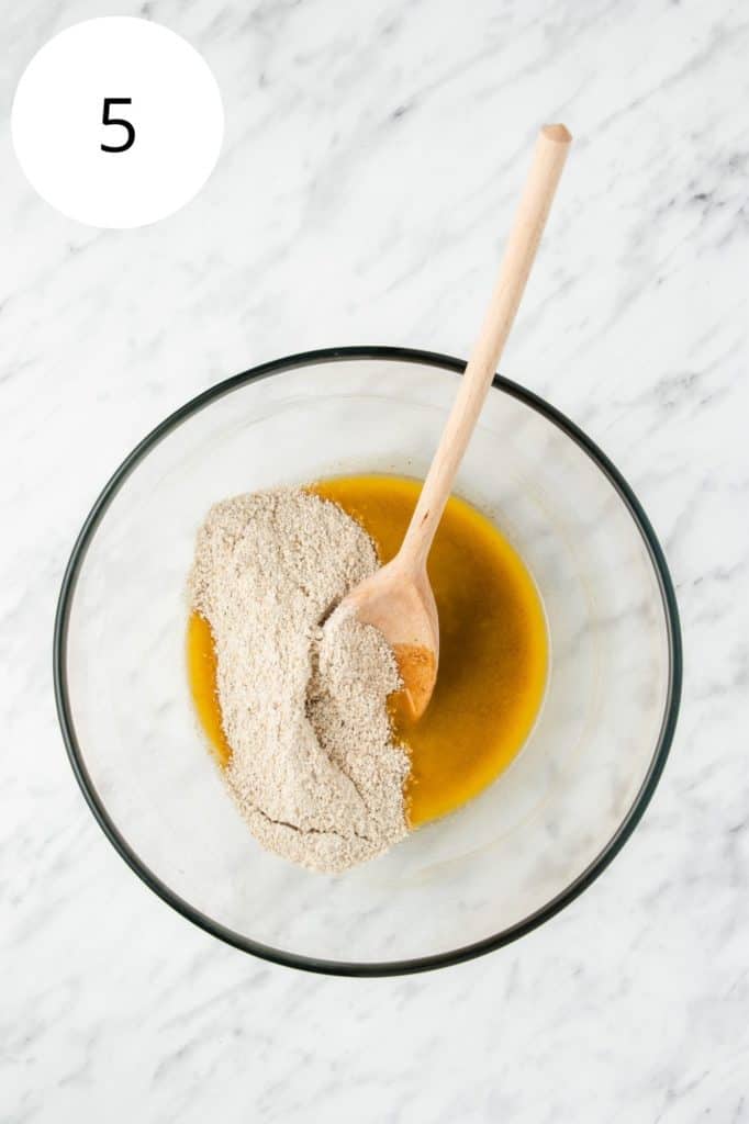 oat flour mixture added to mixing bowl