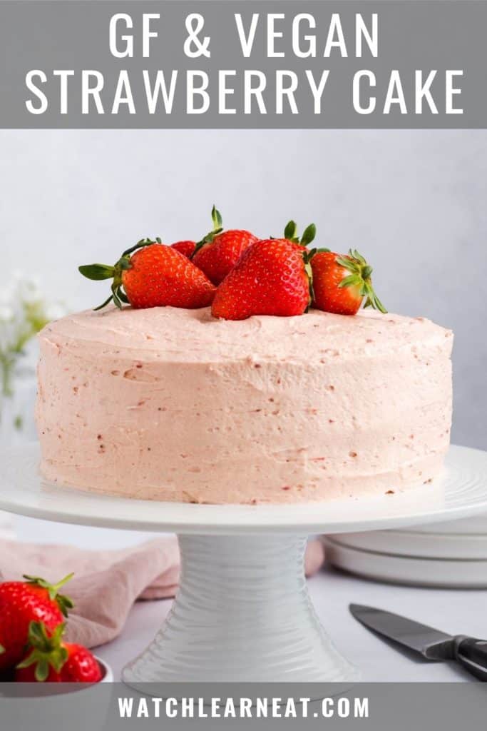 pin showing cake on a white cake stand with text overlay