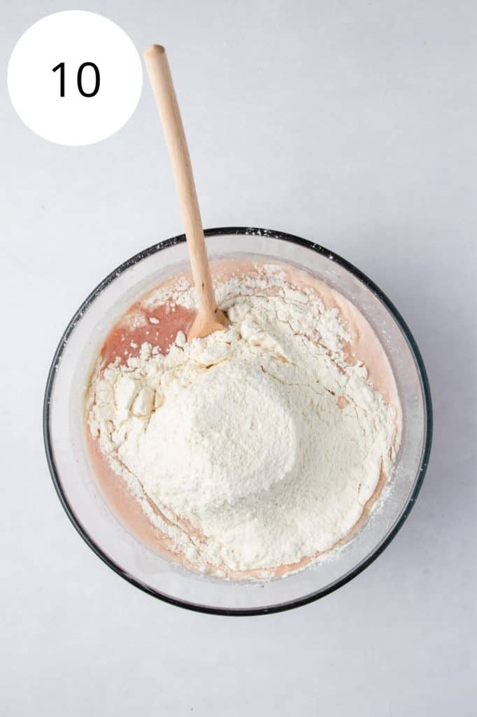 sifted dry ingredients in mixing bowl with wet ingredients