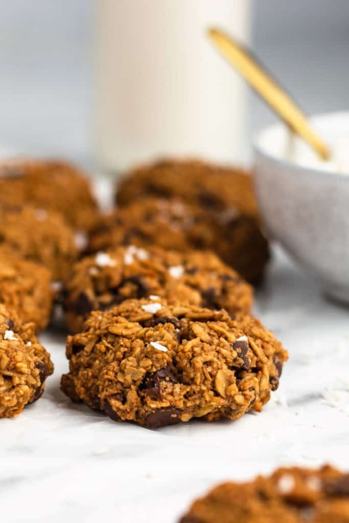 close-up front view of one of the cookies with others in the background