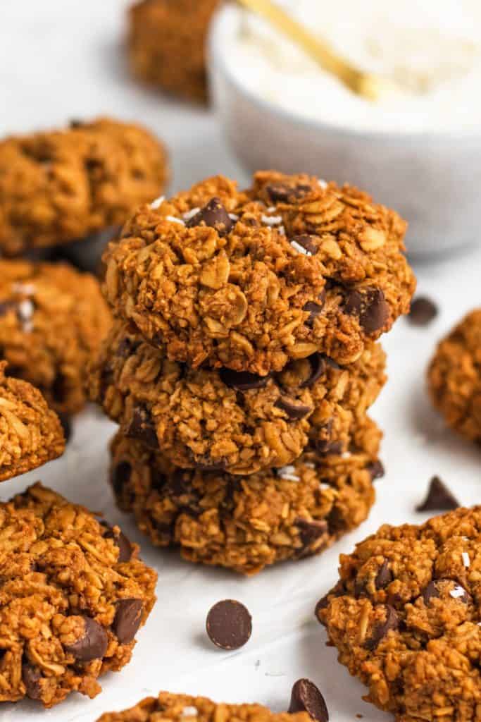 looking down at 3 cookies in a stack with others around the stack