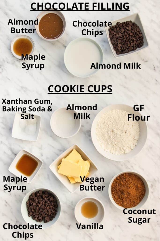 ingredients for chocolate chip cookie cups with text labels