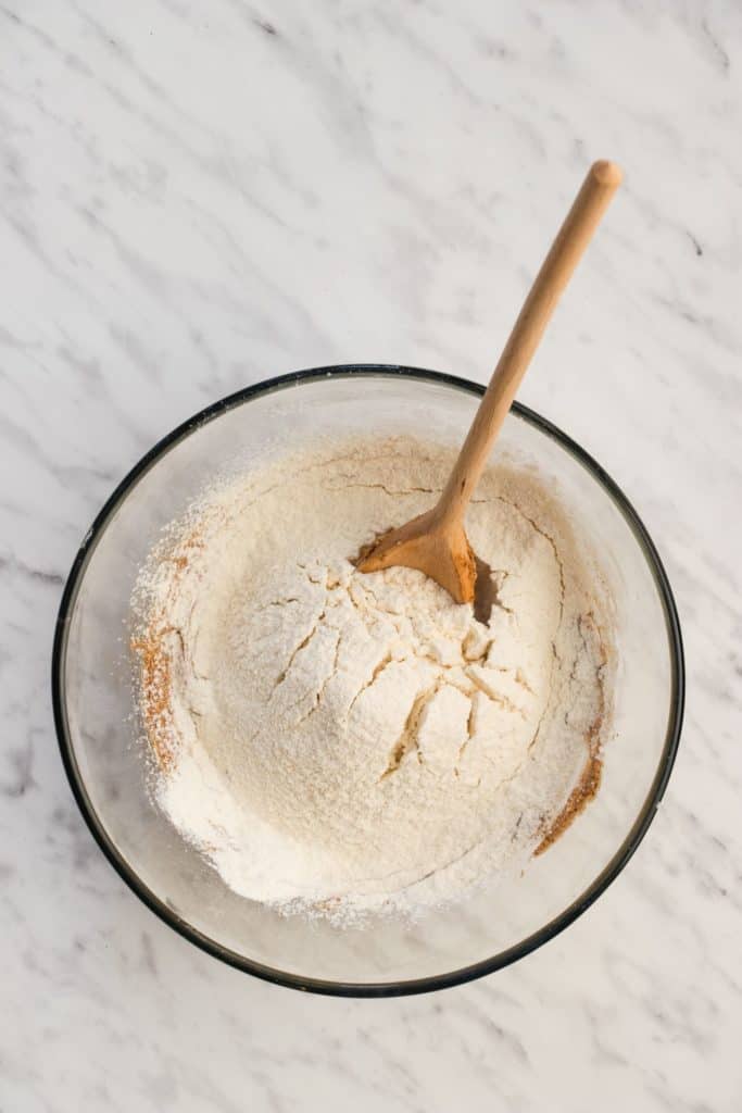 dry ingredients in mixing bowl with wet ingredients