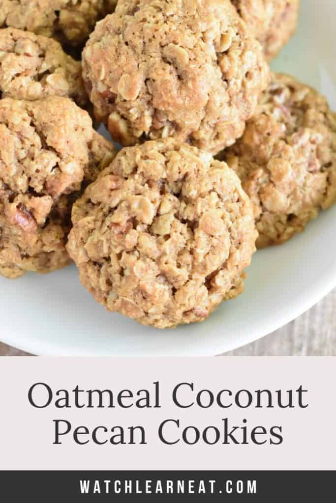 pin showing oatmeal cookies on a white plate with text title overlay