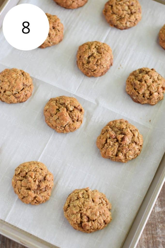 oatmeal pecan coconut cookies on baking sheet after baking