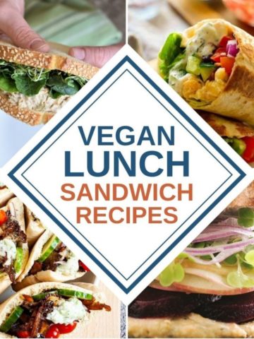 collage of 4 of the vegan sandwiches from the roundup with text title overlay: vegan lunch sandwich recipes