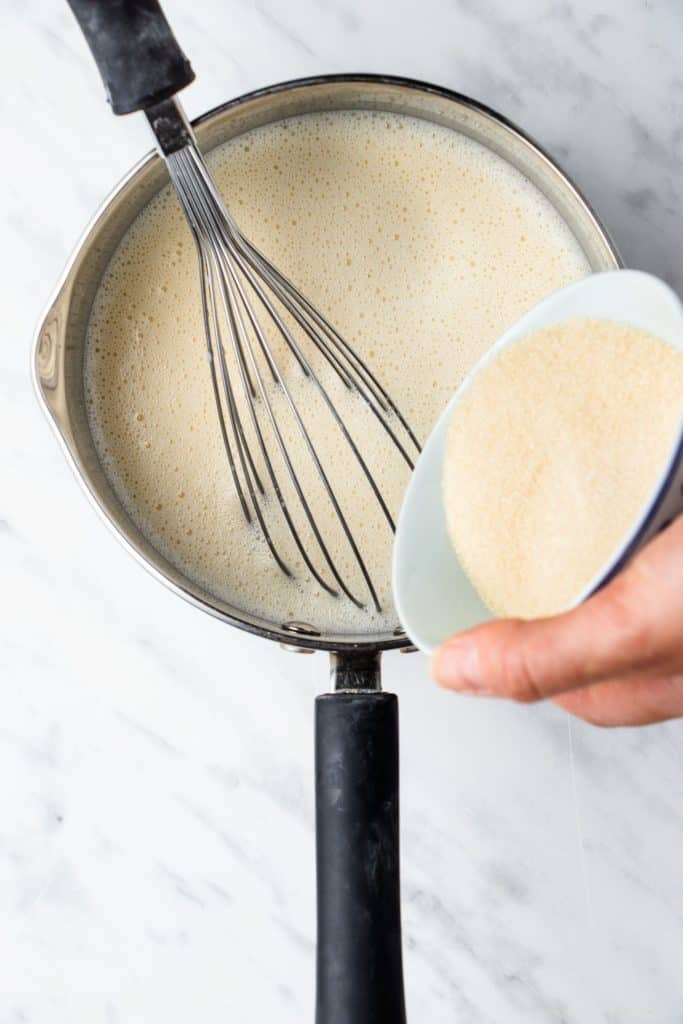 adding cane sugar into the soy milk/cornstarch mixture