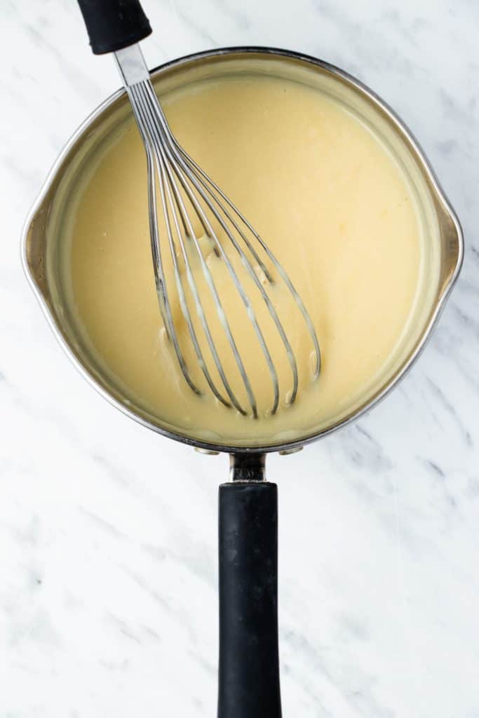 pudding mixture in saucepan after settting